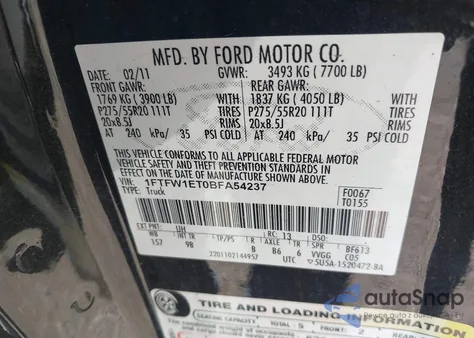 2011 Ford F-150 Platinum z USA, uszkodzony, nr VIN 1FTFW1ET0BFA54237